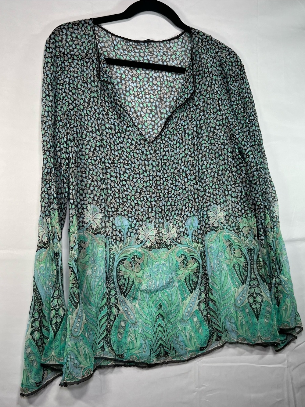Elie Tahari Hamden Tunic Silk Sheer Paisley Floral Blouse Pool Nutmeg E04MC505 L - Picture 3 of 8